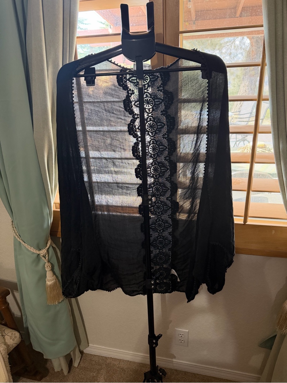 Sheer Black Lace-Trim Kimono Robe - Women’s Intimates